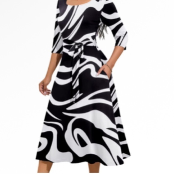 Amazon Dresses & Skirts - Elegant 3-4 Sleeve Dress Neck Midi Dress  Sleeved Floral Print Swing Sz S Women